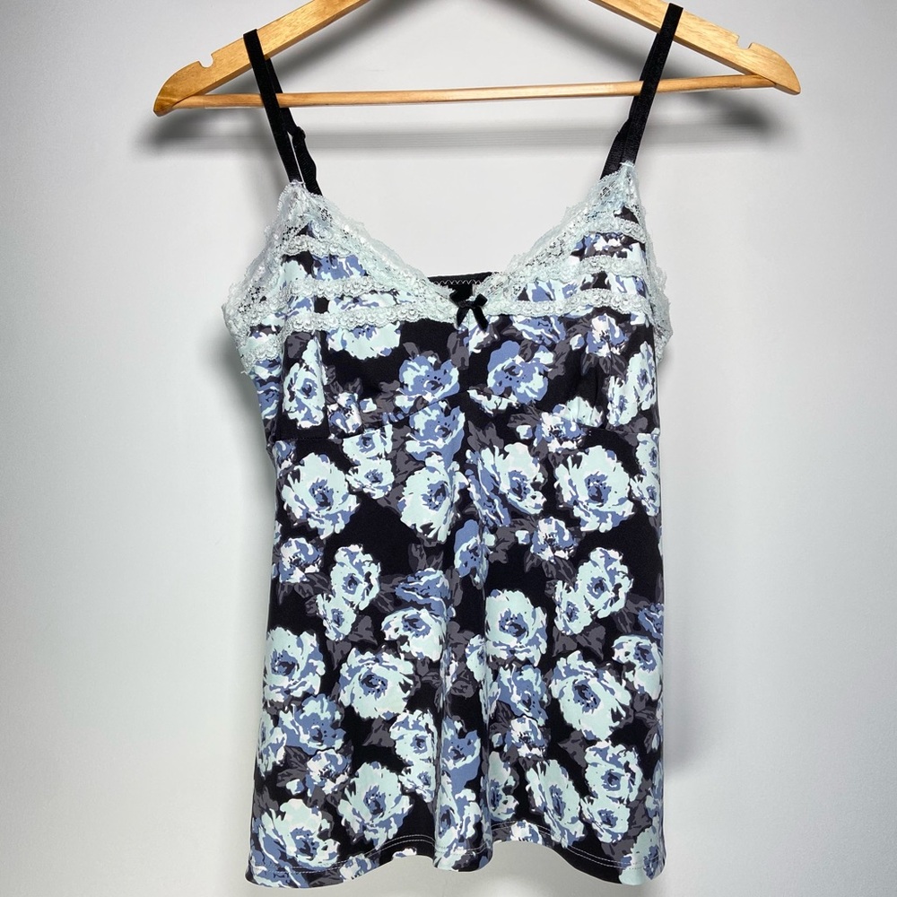 Y2K Floral Lace Trim Cami Black Blue Whimsigoth Cottagecore Fairy Flirty Rose M